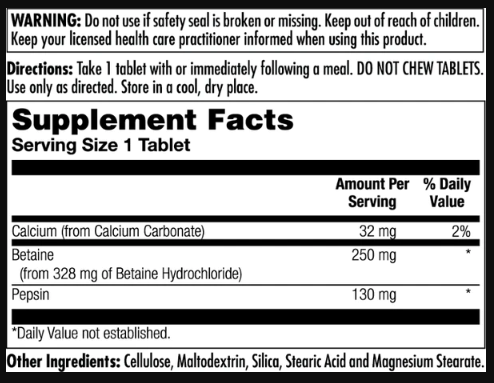 Betaine HCl Plus 250mg - 100 tabs 2022-10-1006 фото