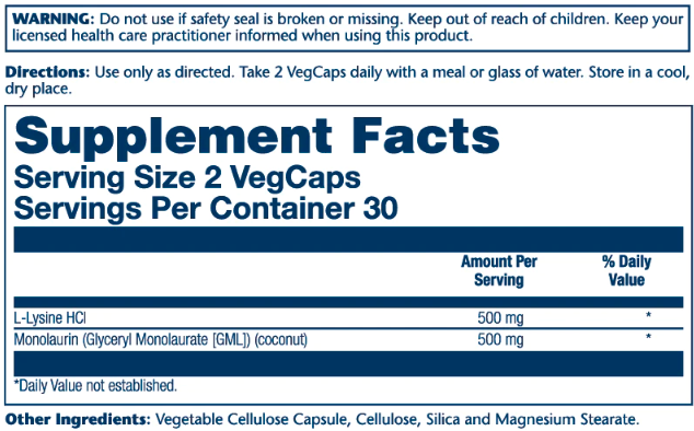 L-Lysine Monolaurin 1:1 - 60 vcaps 2022-10-1033 фото